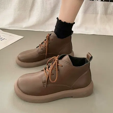 马丁靴女冬加绒2023新款百搭软皮软底防滑复古春秋单靴低帮小短靴商品大图