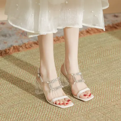 方头透明高跟鞋女粗跟2024夏季新款法式仙女风水钻露趾外穿凉拖鞋商品大图