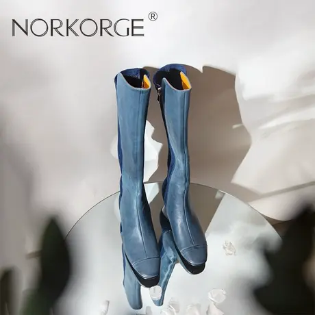 文艺雾蓝色时装靴长靴QC商品大图