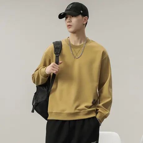 青少年潮牌男装加绒百搭纯色圆领长袖卫衣潮流高档男士百搭卫衣商品大图