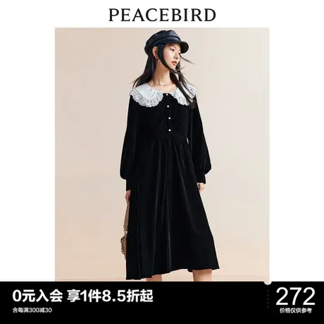太平鸟灯笼袖丝绒连衣裙女秋冬新款黑色中长裙高级感气质图片