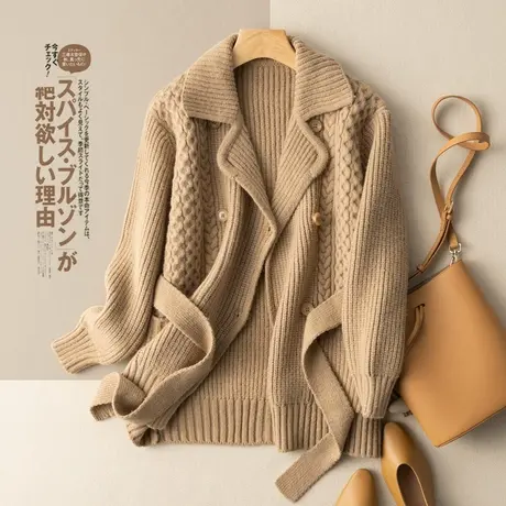 针织大衣女宽松复古毛衣外套风衣西装领系带加厚秋冬外套2022新款商品大图