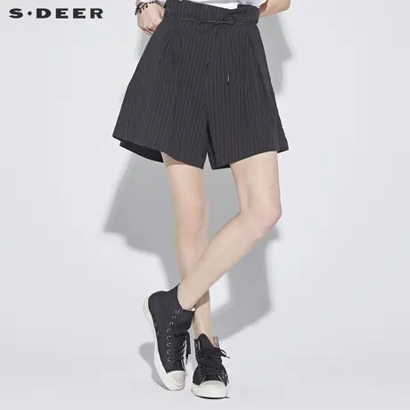 sdeer圣迪奥女装休闲撞色条纹抽绳暗褶短裤S18280905商品大图