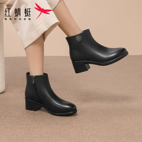 红蜻蜓女靴2023冬季新款时装靴气质通勤短靴粗跟加绒保暖妈妈靴图片