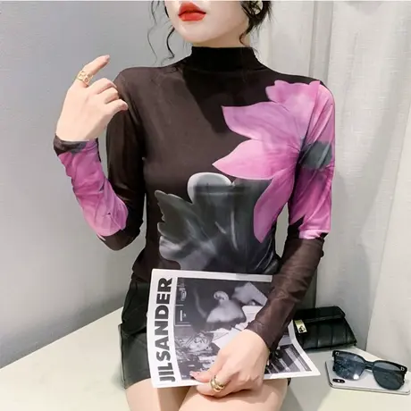 时尚半高领打底衫长袖网纱植物染印花洋气内塔上衣女修身显瘦T恤商品大图