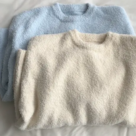 糯糯仿貂绒 浅色温柔舒适圆领韩版针织衫女百搭宽松套头上衣冬季商品大图