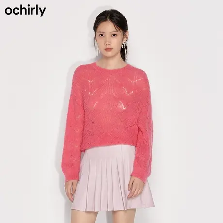 【品牌甄选】欧时力 马海毛羊毛套头毛衣 新款春装镂空麻花纹软糯商品大图