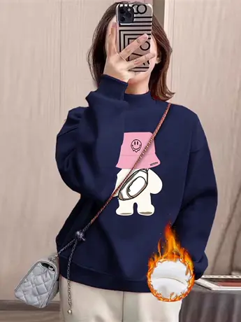 韩系chic慵懒风减龄半高领卫衣ins冬季加绒女装上衣复古藏蓝外套商品大图