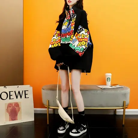 设计感立领卫衣女中长款2023年新款秋冬百搭宽松慵懒风很仙的上衣图片