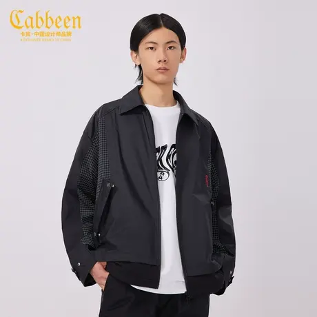 卡宾男装翻领风衣格纹拼接工装外套宽松教练服W商品大图