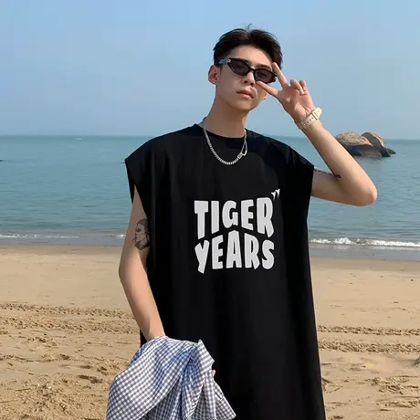 夏季薄款百搭休闲纯棉无袖背心男潮流透气宽松字母印花坎肩T恤衫商品大图