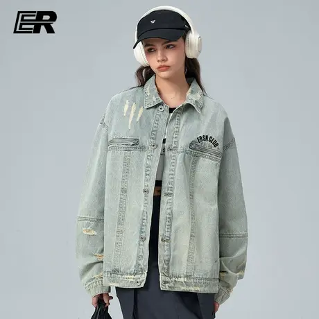 【黄俊捷同款】ER水洗做旧抓痕牛仔夹克高街潮牌痞帅复古情侣外套图片
