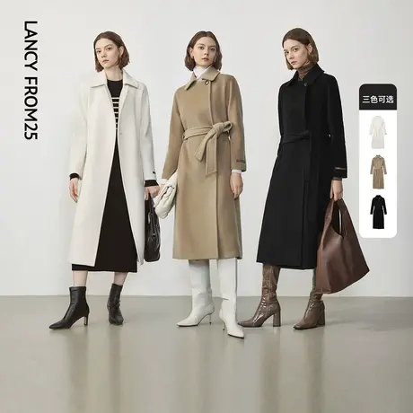 【王楚然同款】朗姿纯羊毛复古中长款毛呢外套2023冬季新款大衣女图片