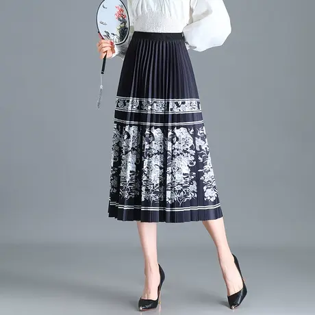 复古印花裙百褶裙女春季2024新款高腰垂感民族风半身裙中长a字裙商品大图