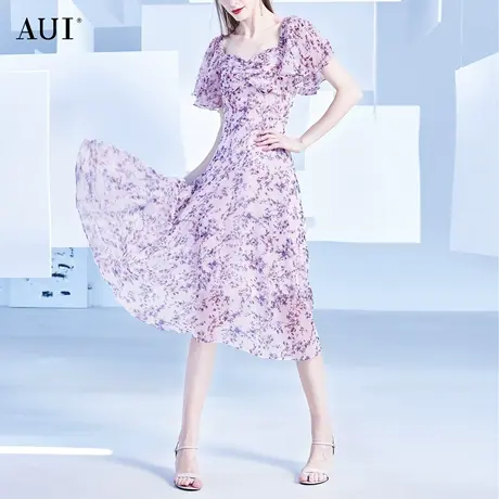 AUI紫色名媛碎花雪纺连衣裙女夏2023新款气质方领设计感荷叶边裙图片