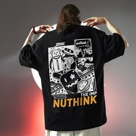 Nuthink国潮欧美潮流小熊短袖T恤男oversize圆领半截袖情侣装夏季商品大图