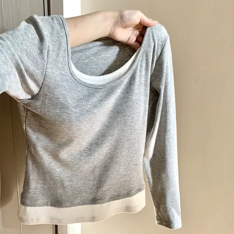 假两件叠穿长袖T恤女春季韩版修身显瘦设计感小众内搭打底衫上衣商品大图