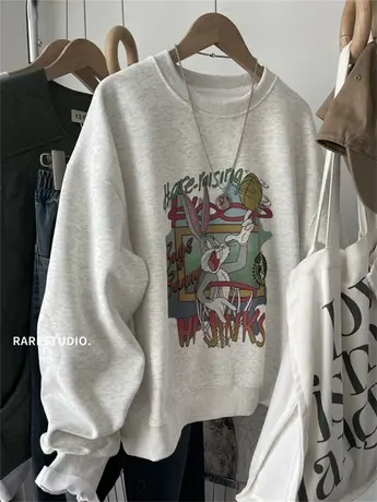 韩国春季新款篮球兔八哥卡通减龄休闲百搭圆领宽松卫衣女图片