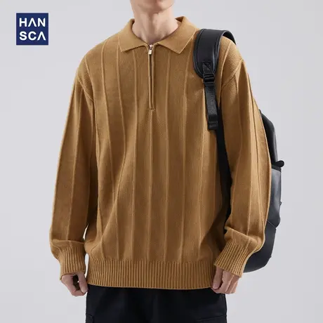 hansca半拉链polo领毛衣男冬季纯色翻领宽松休闲大码内搭条纹上衣商品大图