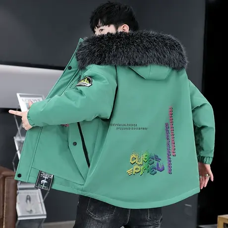 青少年学生派克服男加绒加厚棉服连帽棉袄大毛领棉衣潮流休闲外套图片