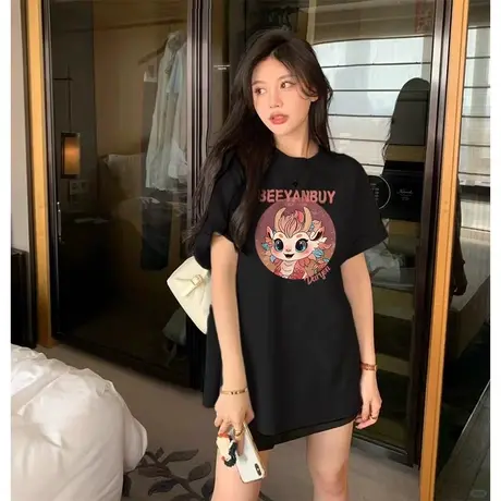 潮牌新款黑色纯棉短袖t恤女2024夏季小众设计感宽松半袖百搭上衣商品大图