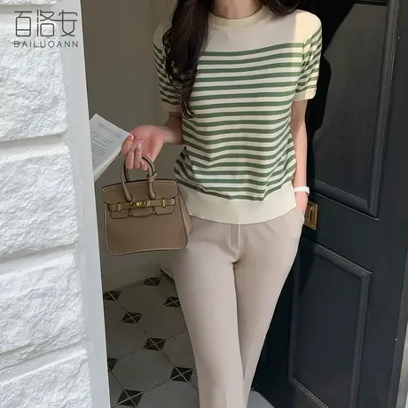 百洛安撞色条纹短袖针织T恤女夏季新款设计感小众圆领套头薄上衣图片