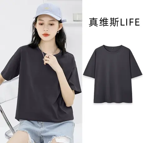 真维斯life黑色圆领短袖t恤女2024新款纯棉内搭时尚简约纯色上衣商品大图