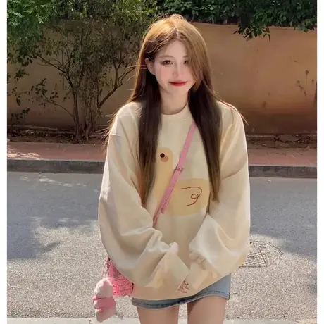 圆领印花卫衣女春秋薄款2024新款爆款小众韩系宽松慵懒风上衣外套商品大图