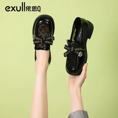 依思q乐福鞋女2024年春季新款粗跟网纱小皮鞋厚底一脚蹬透气女鞋商品大图