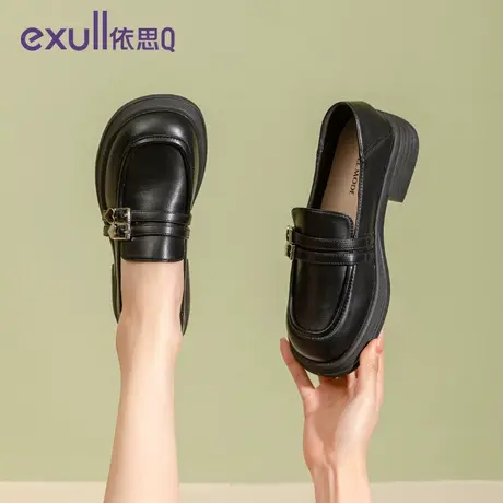 依思q黑色厚底乐福鞋女春季2024新款粗跟圆头单鞋女英伦风小皮鞋商品大图