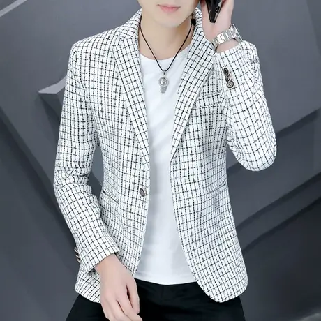 春秋季男士格子西装潮流拼接韩版新款休闲男装帅气小西服外套上衣商品大图