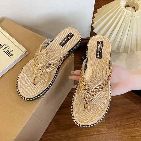 人字拖鞋女时尚ins风水晶夹趾拖鞋夏外穿夹脚海边高级防滑沙滩鞋商品大图