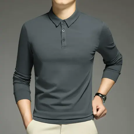 2023新款polo衫男长袖翻领t恤纯色灰色保罗打底衫有领商务秋衣服图片