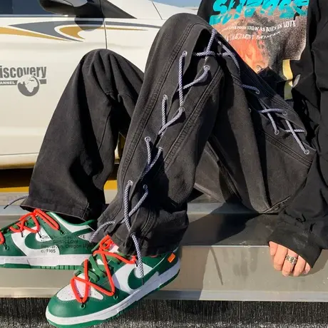 潮牌宽松抽绳绑带vintage直筒牛仔裤港风拼接阔腿cityboy休闲长裤商品大图