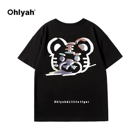 Ohlyah斜边涂鸦小老虎年潮牌春夏本命年T恤女纯棉圆领情侣打底衫商品大图