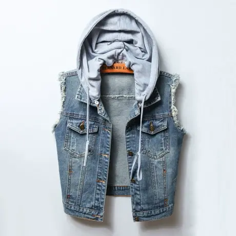 牛仔马甲女短款连带帽修身韩版显瘦春秋无袖外套背心肩章大码马夹商品大图