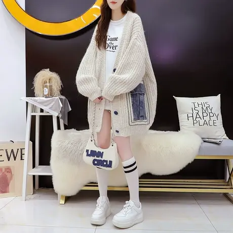宽松假两件拼接毛衣开衫女2023新款秋冬慵懒风百搭中长款针织外套图片