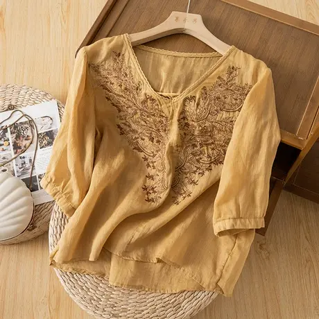 享永子五分袖刺绣苎麻漂亮衬衫女夏文艺复古棉麻上衣小衫2023新款商品大图