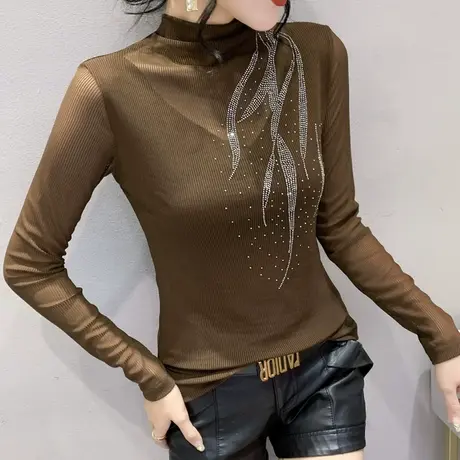 性感网纱打底衫女秋冬气质漂亮修身半高领上衣时尚烫钻长袖T恤ins商品大图