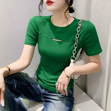 性感镂空短袖上衣女欧货2023夏季新款纯色百搭小衫个性网红T恤ins商品大图