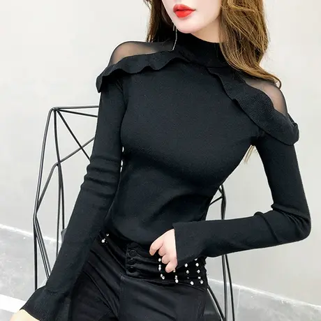 蕾丝拼接针织衫女镂空洋气上衣春秋荷叶边毛衣女紧身百搭内打底衫图片