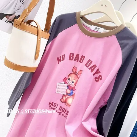 2023春秋新款长袖上衣韩国东大门复古美式字母兔子插肩袖T恤休闲商品大图