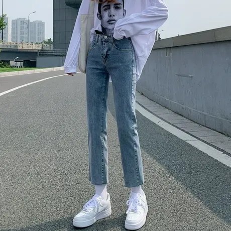 高腰烟管牛仔裤女春秋2023年新款修身显瘦百搭九分小个子直筒裤子商品大图
