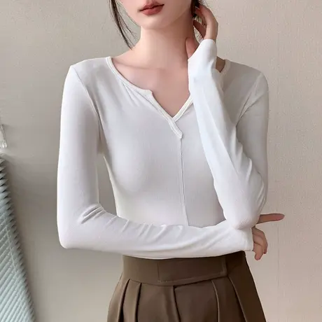 白色v领打底衫女2023秋季新品修身西服内搭长袖t恤打底衫正肩上衣图片