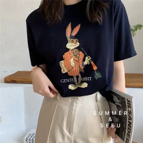 短袖t恤女2021夏季新款韩版ins潮卡通兔子印花宽松休闲百搭上衣服商品大图