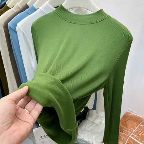 纯色百搭加薄绒螺纹长袖T恤女2022秋冬装新款内搭抓绒打底衫上衣商品大图