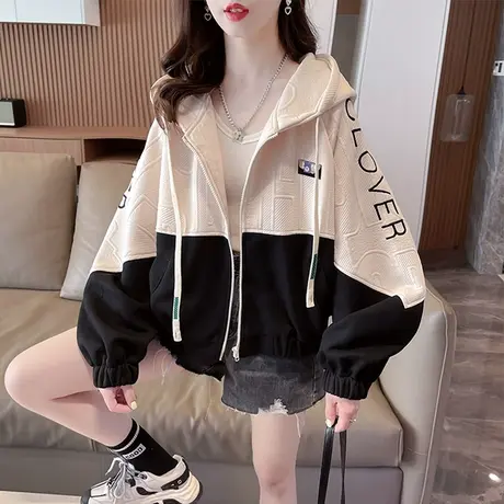 早春小众设计感短款卫衣女春秋韩版宽松bf慵懒风撞色薄款开衫外套图片