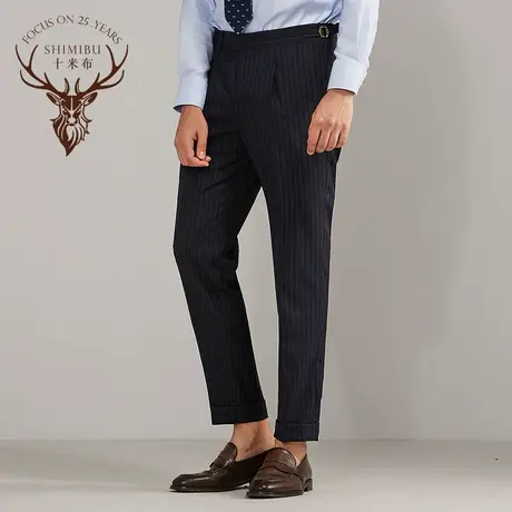 十米布新款复古时尚那不勒斯西裤男 黑色条纹绅士休闲羊毛西装裤图片