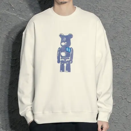 奕飏2022春季新款圆领小熊印花卫衣男士宽松潮牌百搭外套休闲撞色商品大图