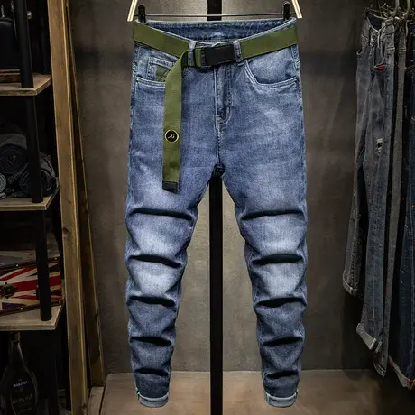 蓝色潮牌牛仔裤男士宽松直筒潮流夏季薄款休闲长裤子男装弹力简约商品大图